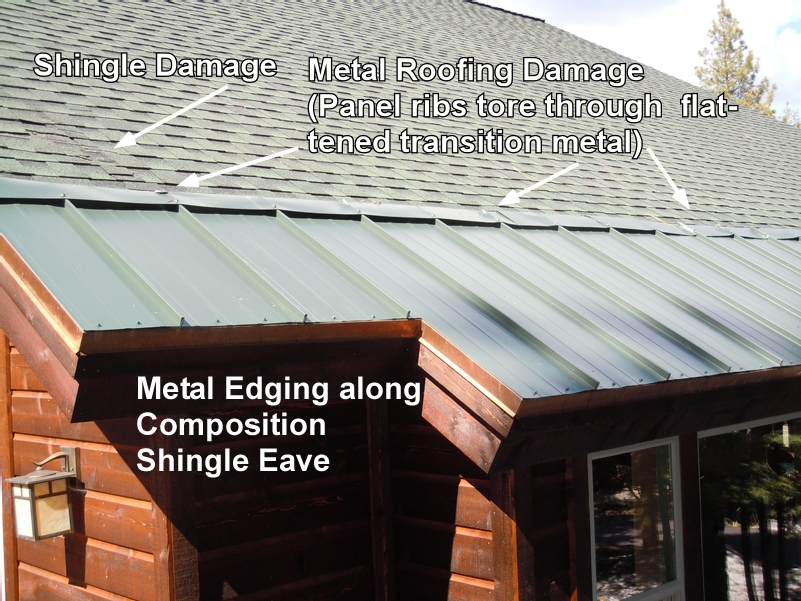 Metal edging along composition asphalt shingle roof fails