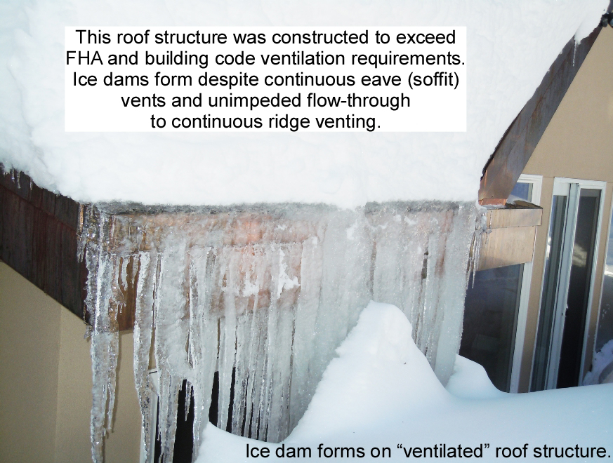 Ice dams form even on this properly ventilated roof
