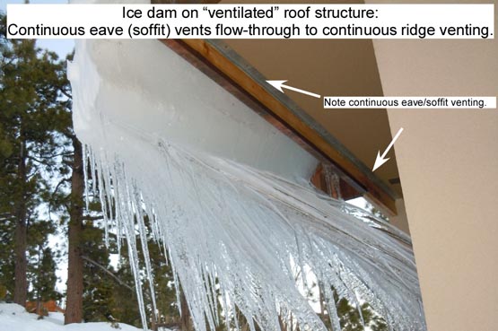 Ice dams form even on ventilated roofs